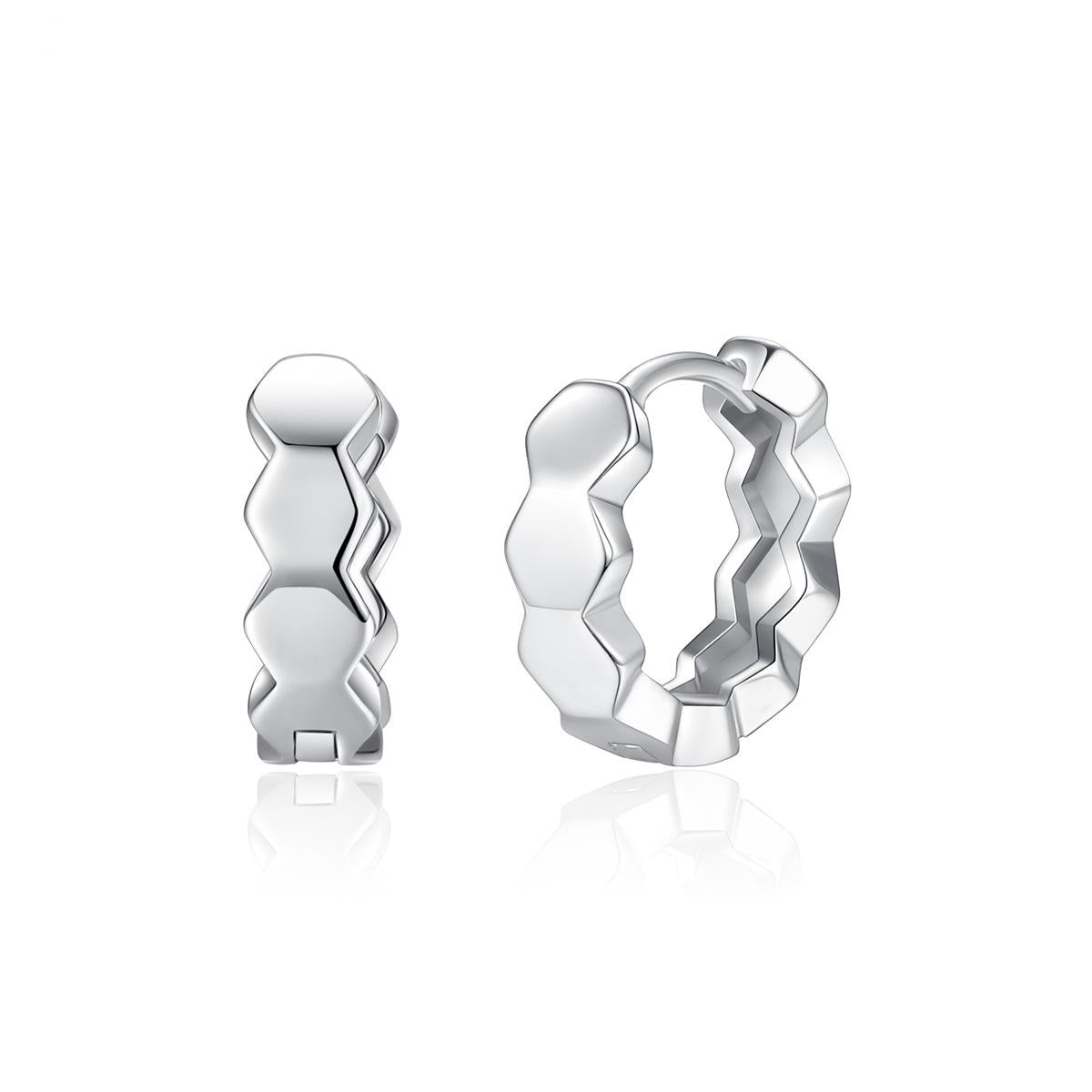 Silver-Plated Hexagon Huggie Earrings, silver huggie earrings, botanical inspired, side view