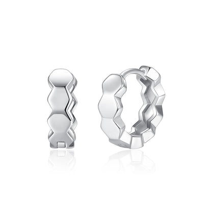 Silver-Plated Hexagon Huggie Earrings, silver huggie earrings, botanical inspired, side view