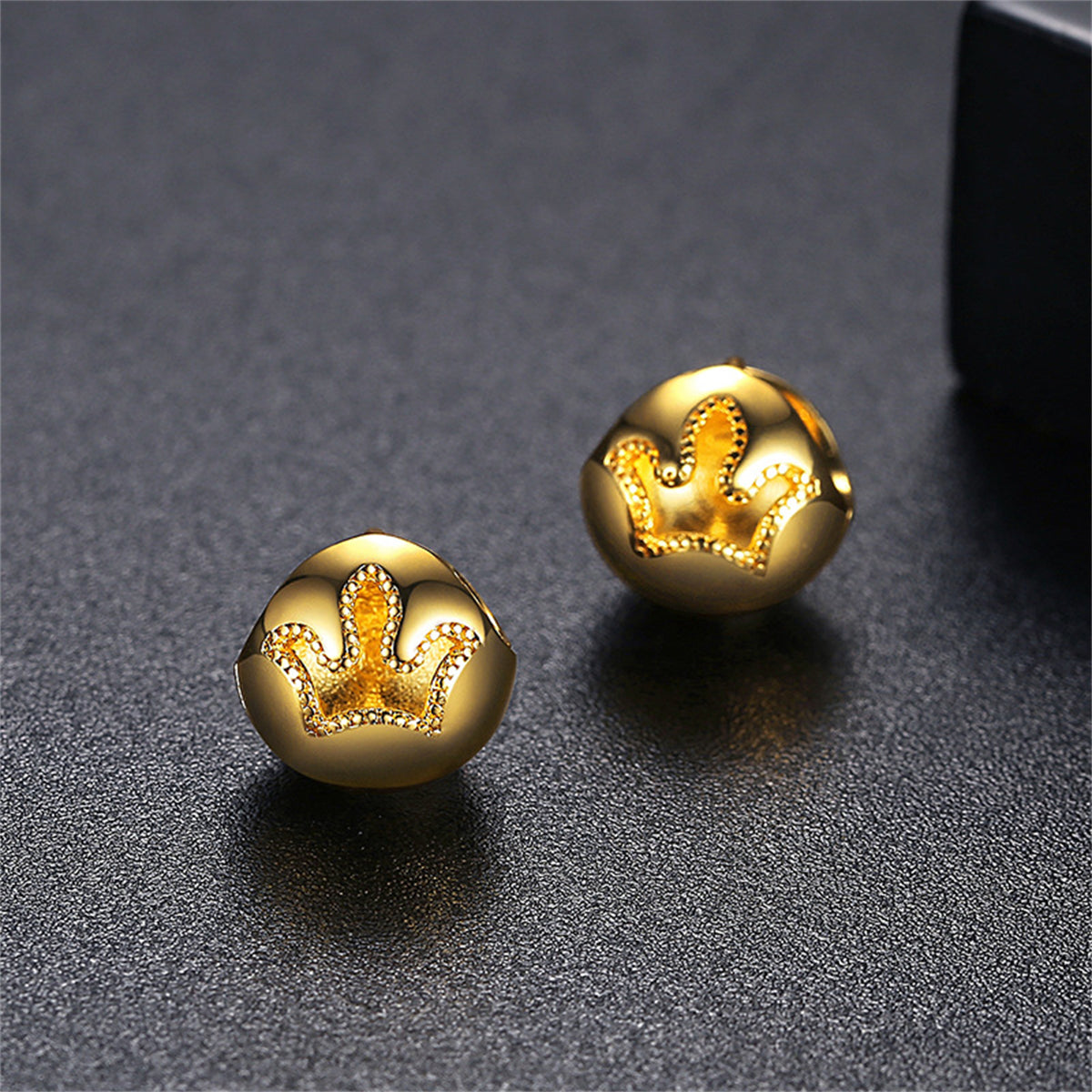 18K Gold-Plated Crown Openwork Stud Earrings, gold stud earrings for women, everyday style, side view