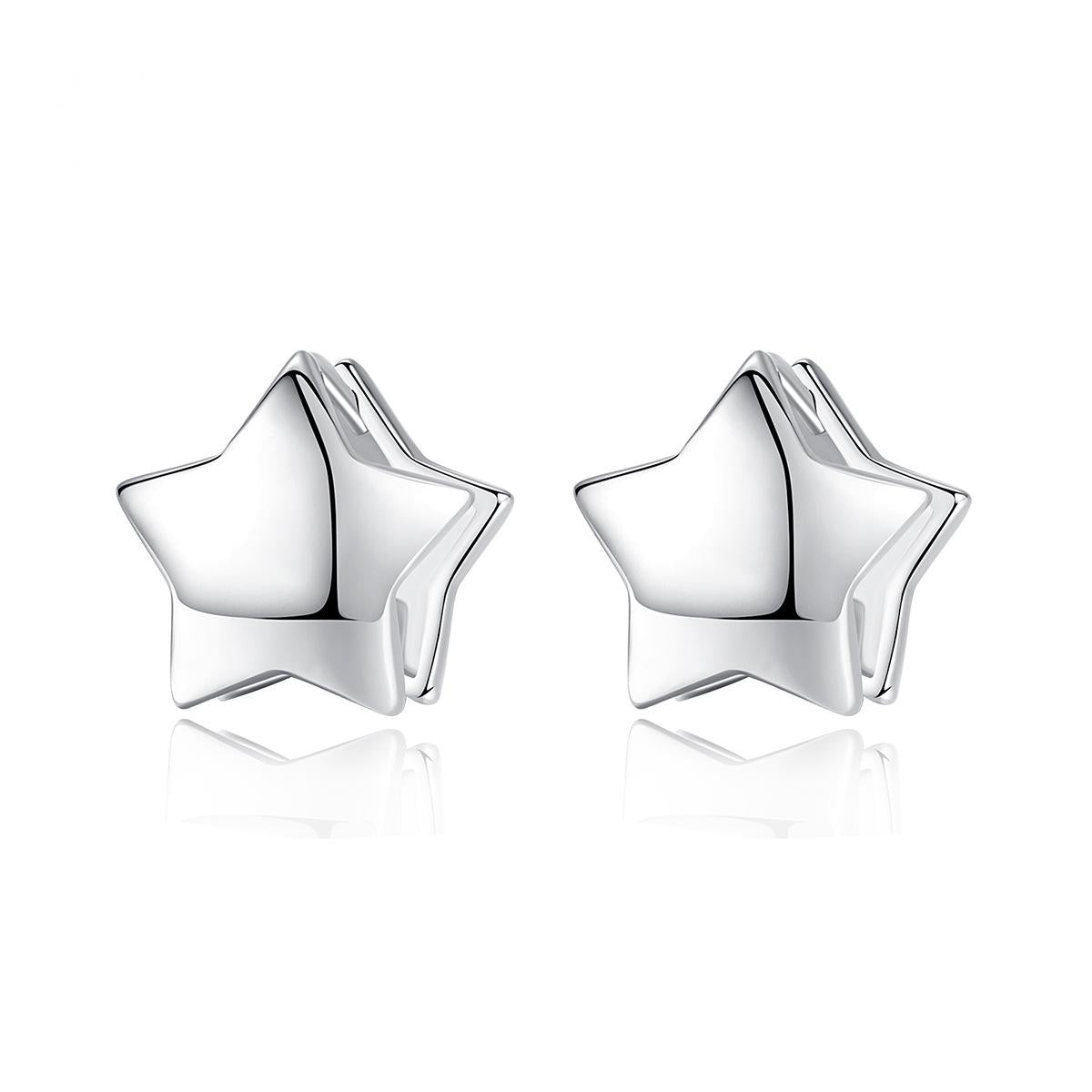 Silver-Plated Star Huggie Earrings, silver huggie earrings, botanical inspired, front view