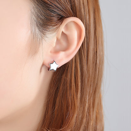 Silver-Plated Star Huggie Earrings, silver huggie earrings, botanical inspired, detail close-up
