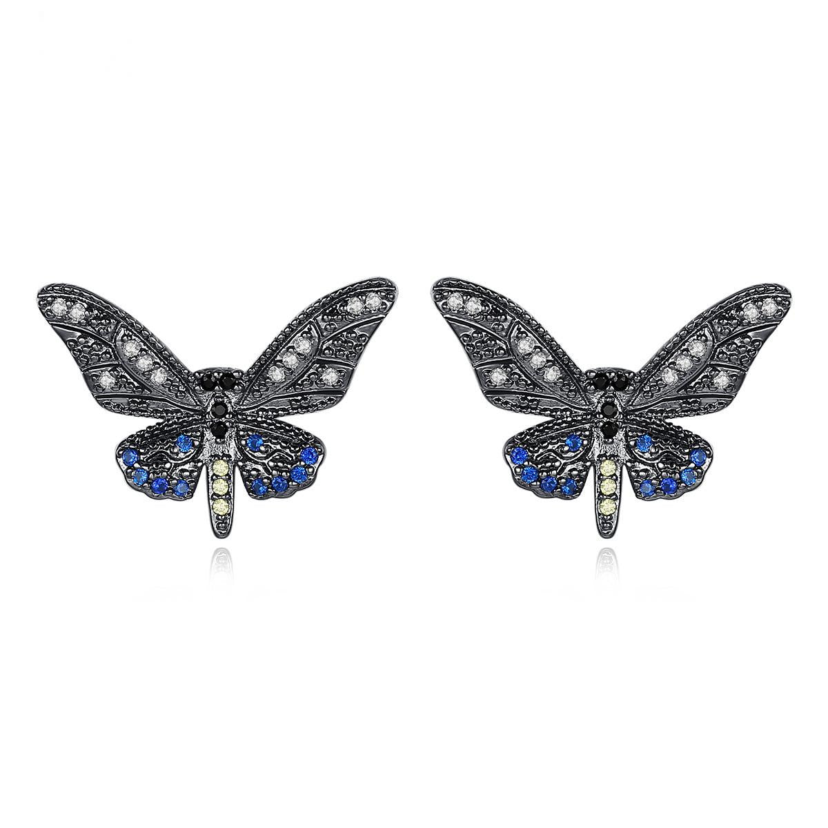 Black Cubic Zirconia & Rhodium-Plated Butterfly Stud Earrings