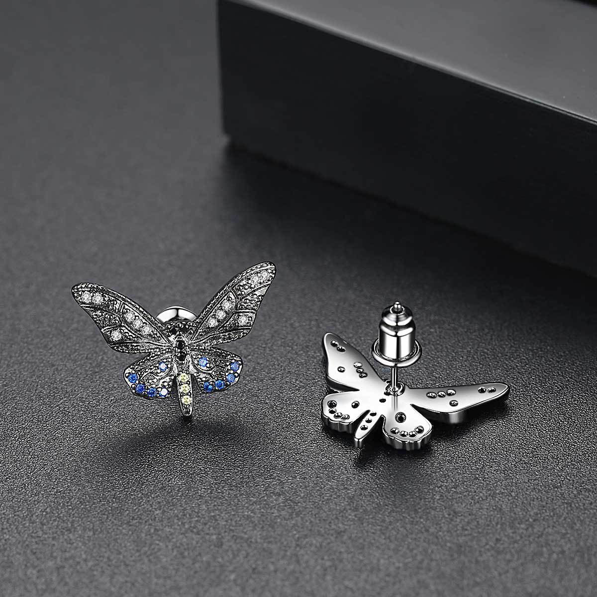 Black Cubic Zirconia & Rhodium-Plated Butterfly Stud Earrings