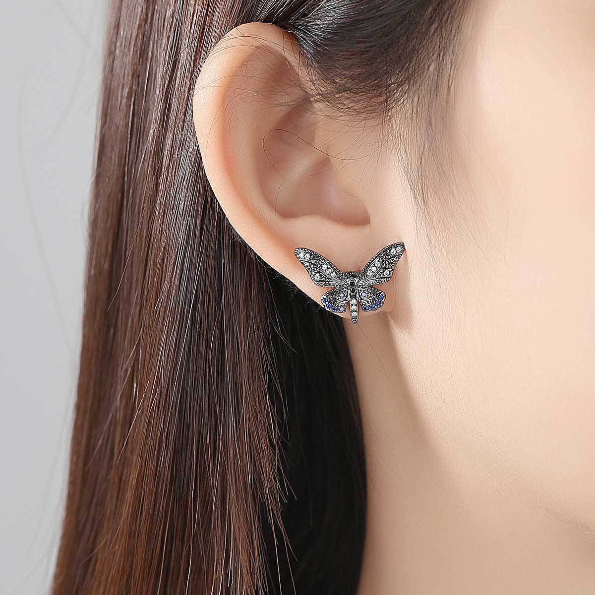 Black Cubic Zirconia & Rhodium-Plated Butterfly Stud Earrings