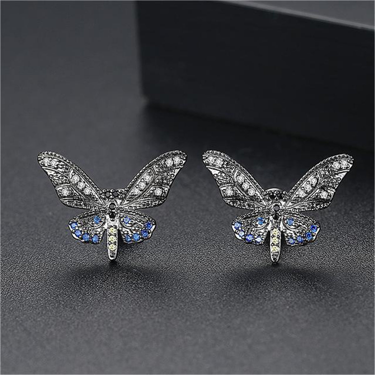 Black Cubic Zirconia & Rhodium-Plated Butterfly Stud Earrings