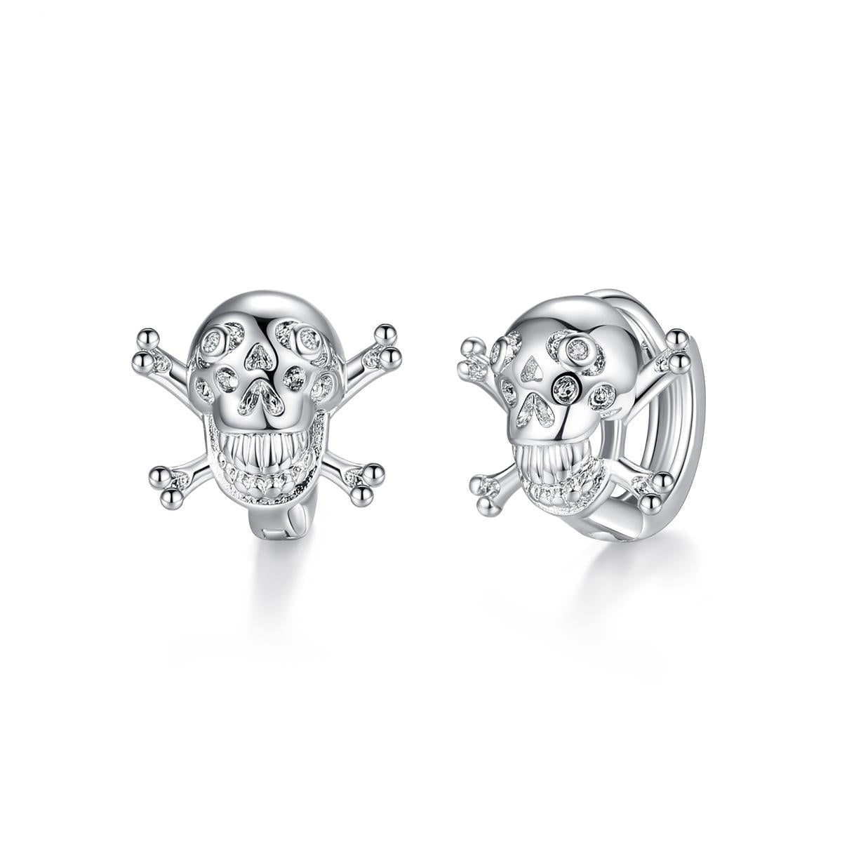 Cubic Zirconia and Silver-Plated Skull Huggie Earrings, silver huggie earrings, everyday style, front view