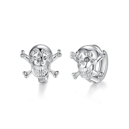 Cubic Zirconia and Silver-Plated Skull Huggie Earrings, silver huggie earrings, everyday style, front view