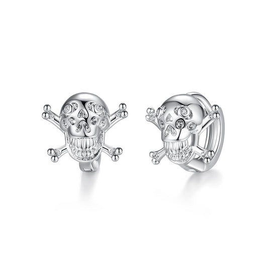 Cubic Zirconia and Silver-Plated Skull Huggie Earrings, silver huggie earrings, everyday style, front view