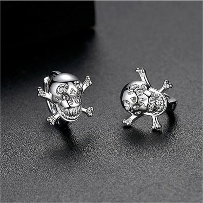 Cubic Zirconia and Silver-Plated Skull Huggie Earrings, silver huggie earrings, everyday style, side view