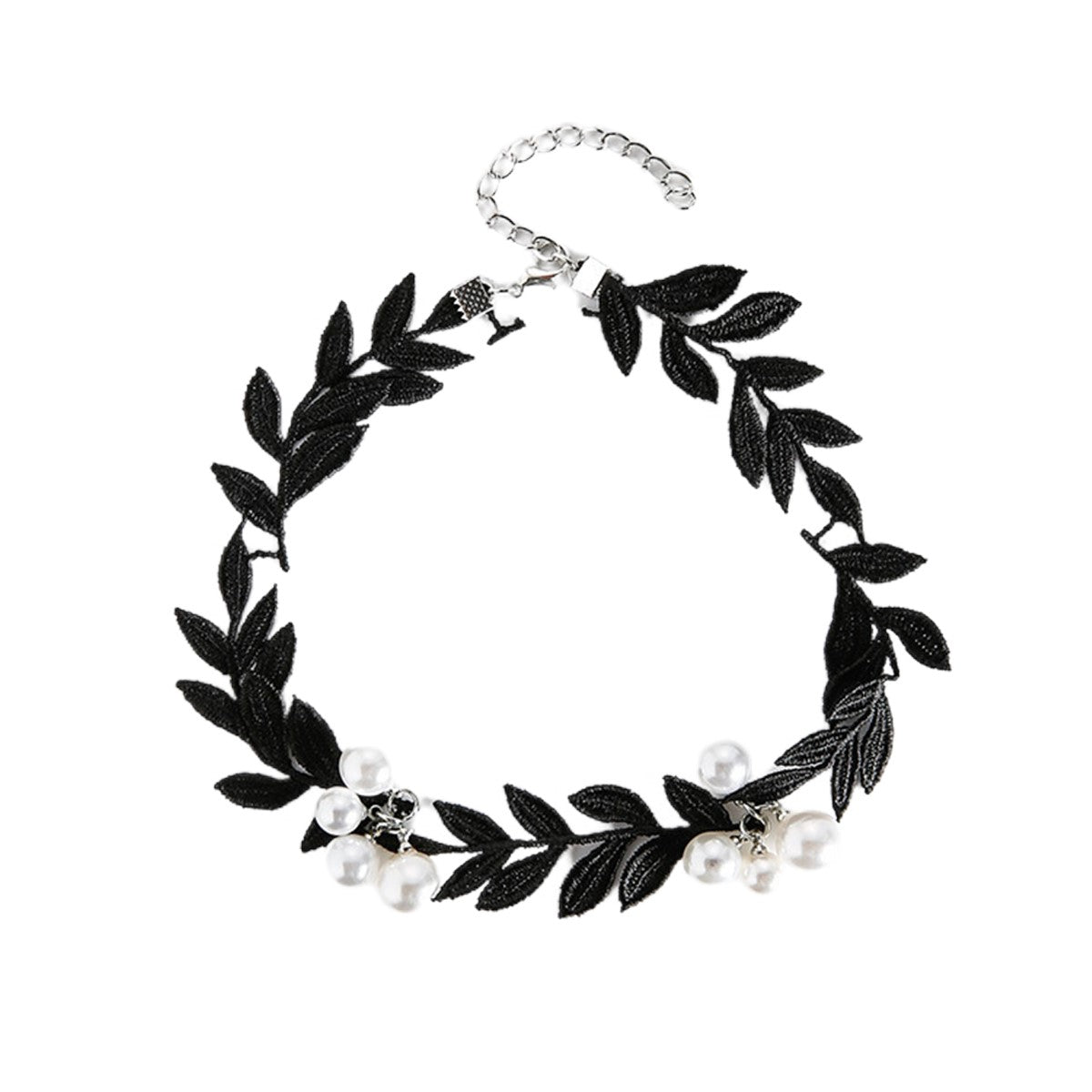 Black Lace & Pearl Leaf Choker Necklace