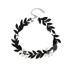 Black Lace & Pearl Leaf Choker Necklace