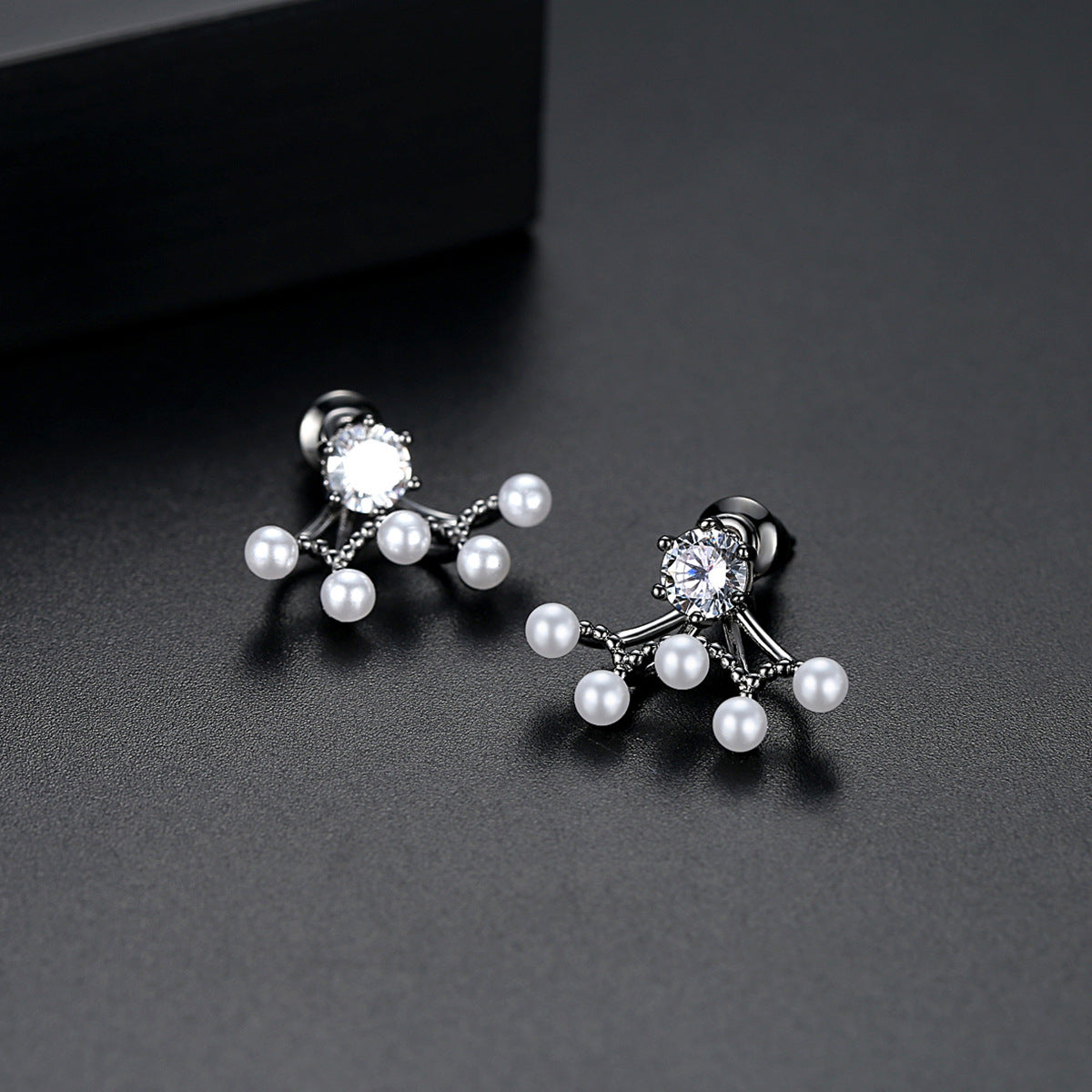 Cubic Zirconia & Pearl Black-Tone Ear Jackets