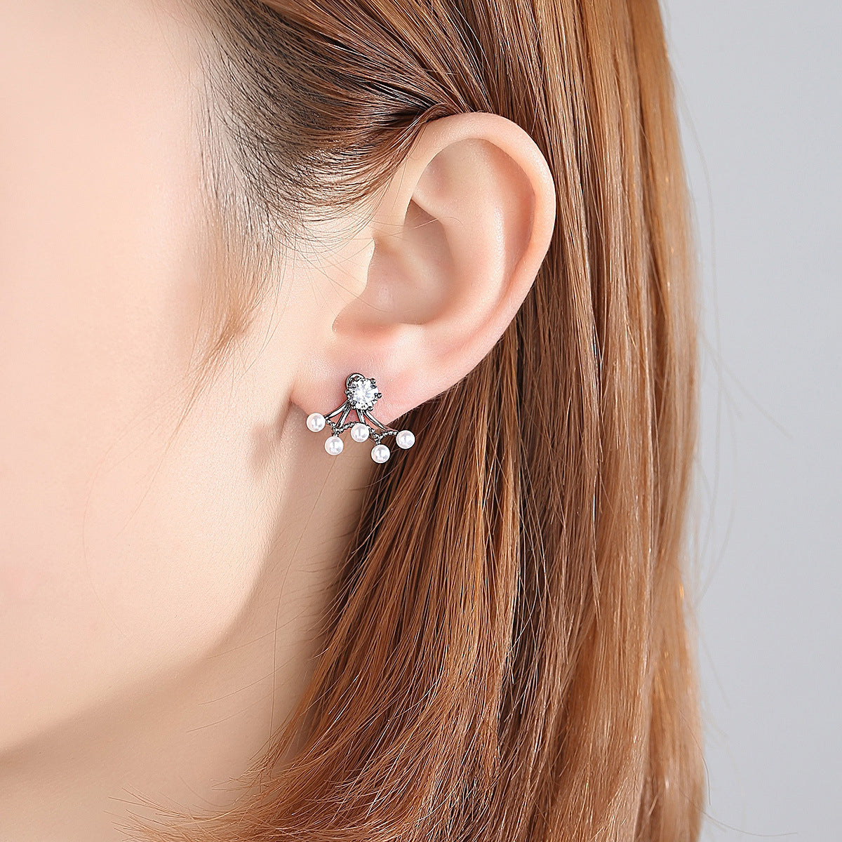 Cubic Zirconia & Pearl Black-Tone Ear Jackets