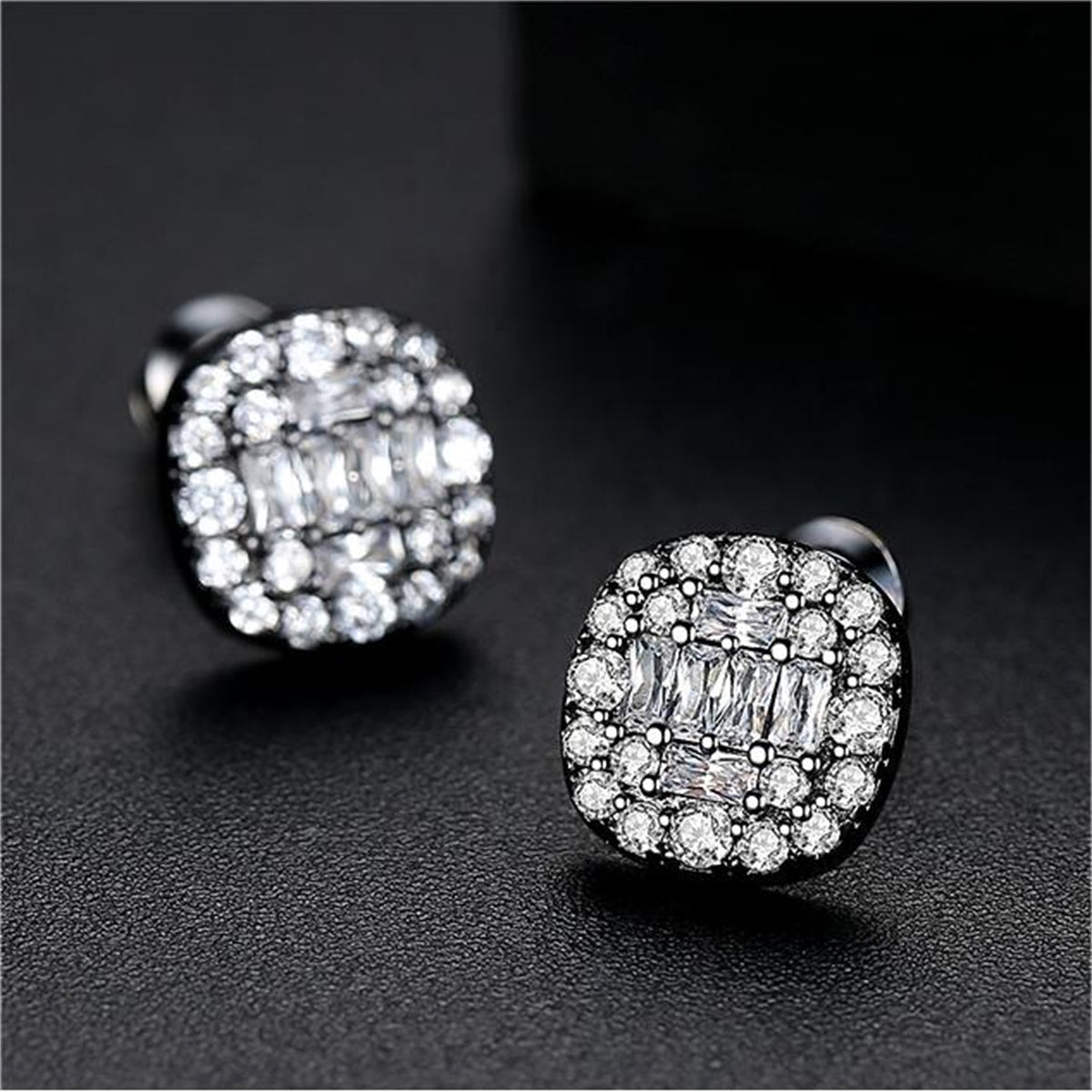 Black Crystal and Cubic Zirconia Round Stud Earrings, stud earrings for women, everyday style, front view