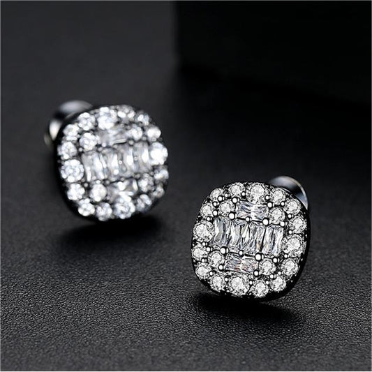 Black Crystal and Cubic Zirconia Round Stud Earrings, stud earrings for women, everyday style, front view