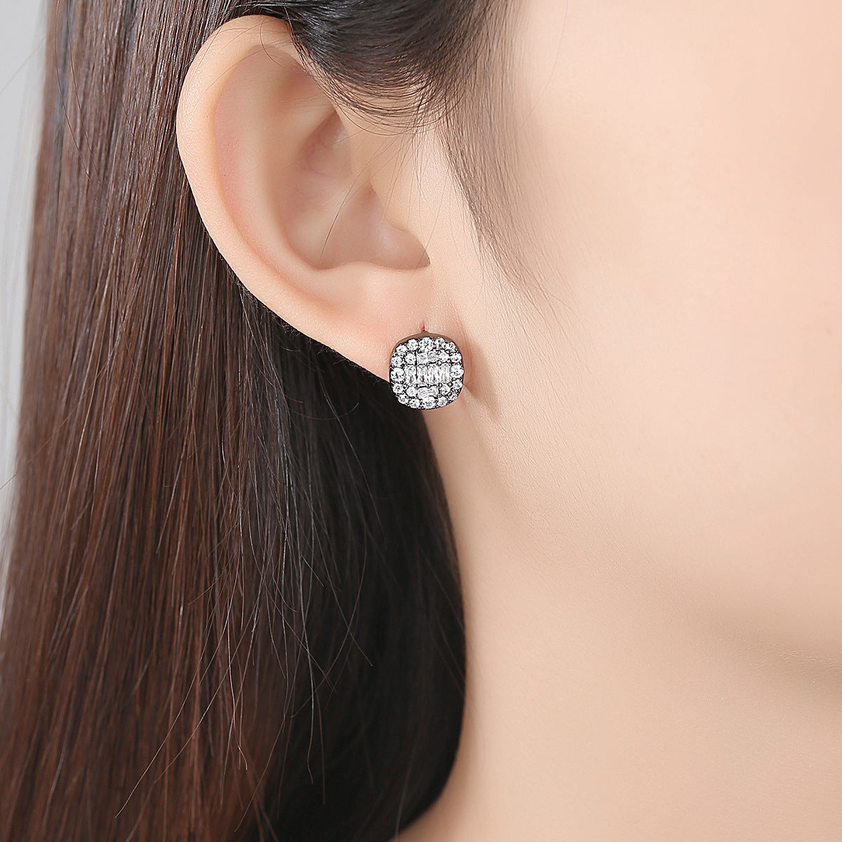 Black Crystal and Cubic Zirconia Round Stud Earrings, stud earrings for women, everyday style, side view