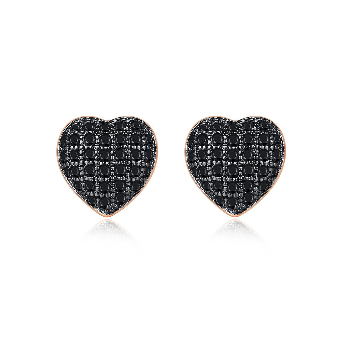 Black Cubic Zirconia and 18K Gold-Plated Heart Stud Earrings, gold stud earrings for women, botanical inspired, front view
