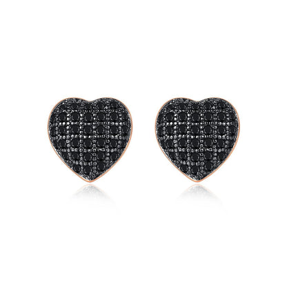 Black Cubic Zirconia and 18K Gold-Plated Heart Stud Earrings, gold stud earrings for women, botanical inspired, front view
