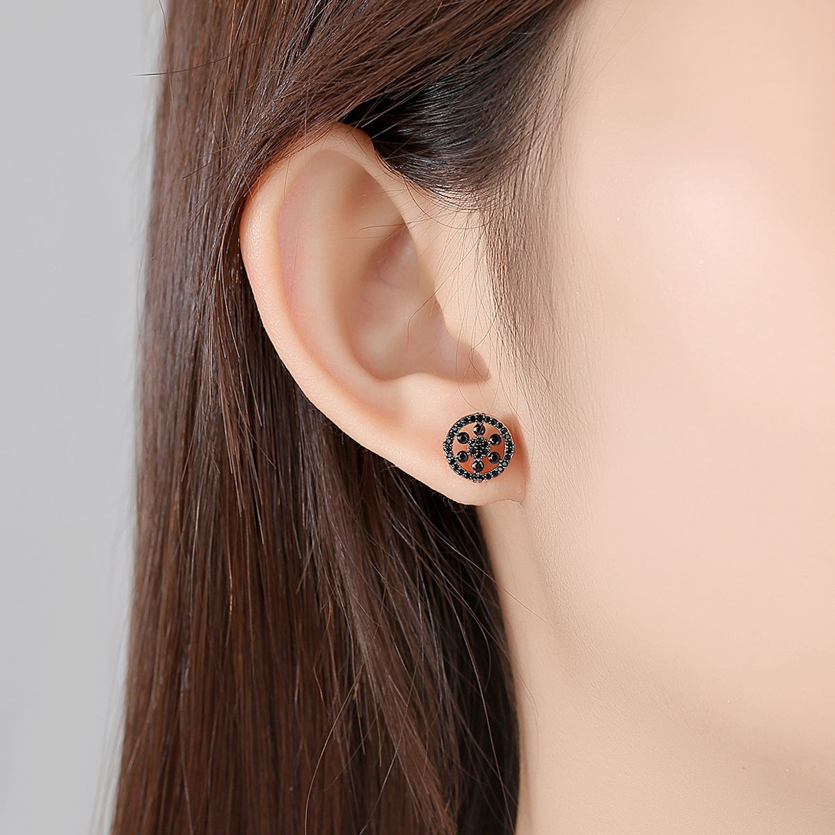 Black Cubic Zirconia and 18K Gold-Plated Snowflake Round Stud Earrings, gold stud earrings for women, front view