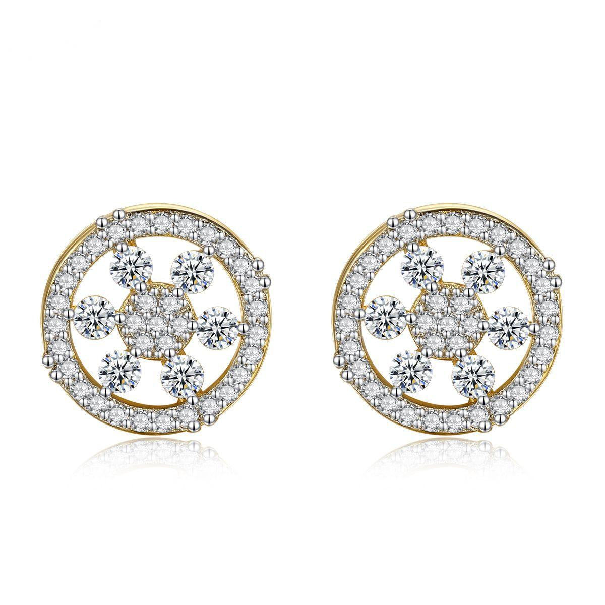 Cubic Zirconia and 18K Gold-Plated Round Snowflake Stud Earrings, gold stud earrings for women, everyday style, side view