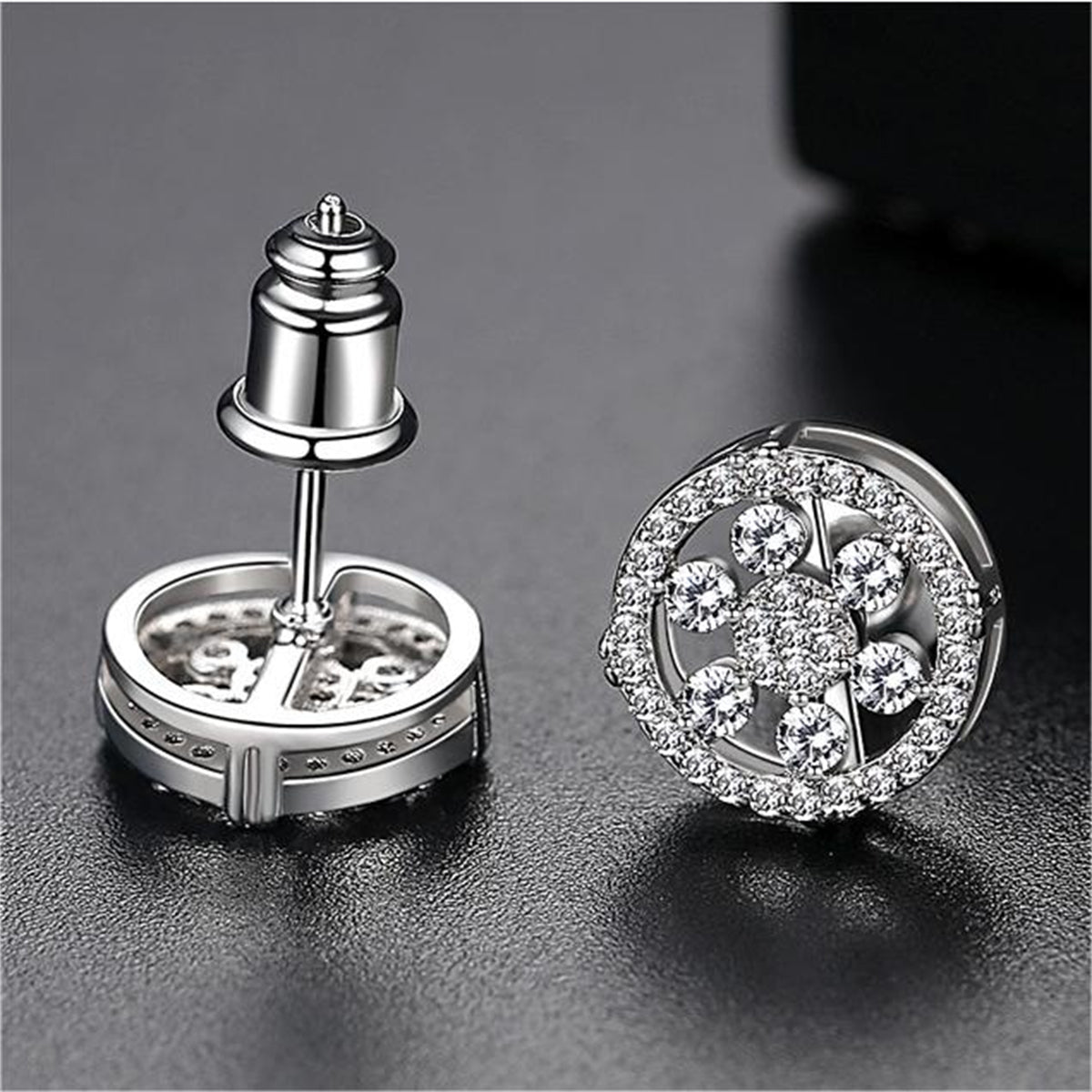 Cubic Zirconia and Silver-Plated Round Snowflake Stud Earrings, silver stud earrings for women, front view
