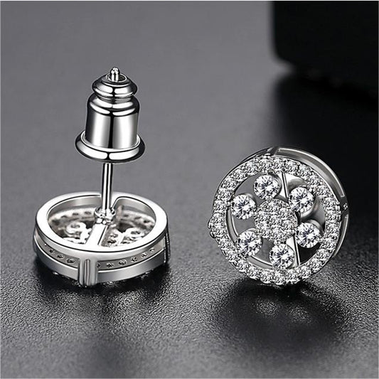 Cubic Zirconia and Silver-Plated Round Snowflake Stud Earrings, silver stud earrings for women, front view