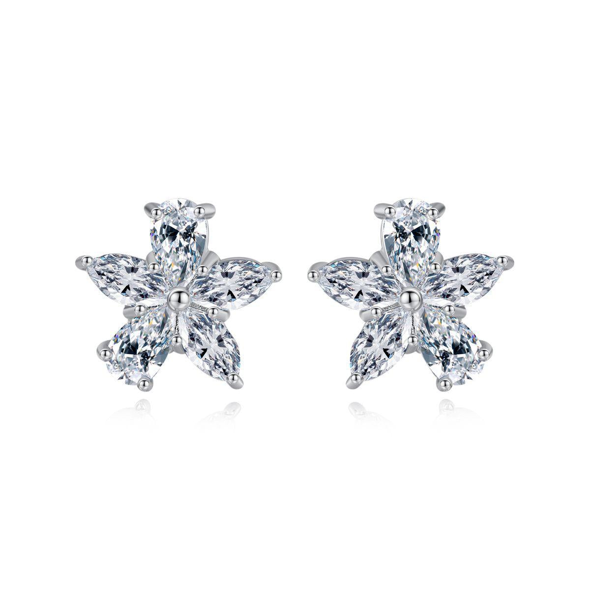 Crystal and Silver-Plated Marquise Pear-Cut Flower Stud Earrings, silver stud earrings for women, front view