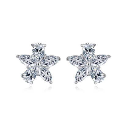 Crystal and Silver-Plated Marquise Pear-Cut Flower Stud Earrings, silver stud earrings for women, front view
