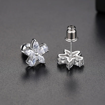 Crystal and Silver-Plated Marquise Pear-Cut Flower Stud Earrings, silver stud earrings for women, styled look