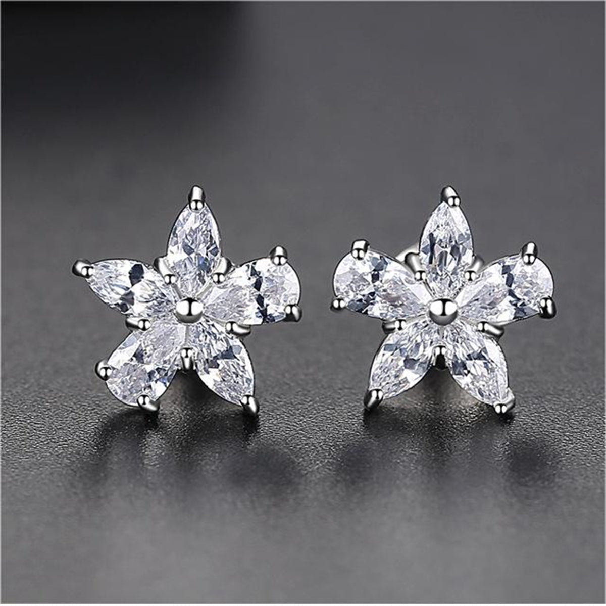 Crystal and Silver-Plated Marquise Pear-Cut Flower Stud Earrings, silver stud earrings for women, detail close-up