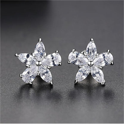 Crystal and Silver-Plated Marquise Pear-Cut Flower Stud Earrings, silver stud earrings for women, detail close-up