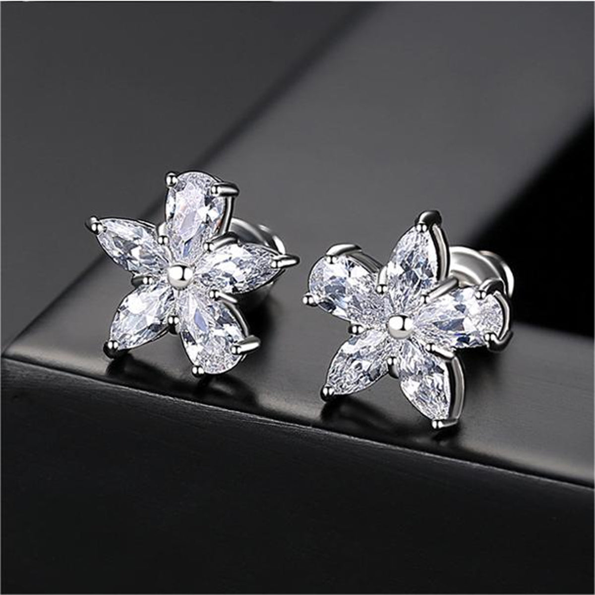 Crystal and Silver-Plated Marquise Pear-Cut Flower Stud Earrings, silver stud earrings for women, lifestyle look