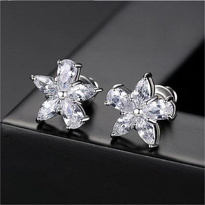 Crystal and Silver-Plated Marquise Pear-Cut Flower Stud Earrings, silver stud earrings for women, lifestyle look