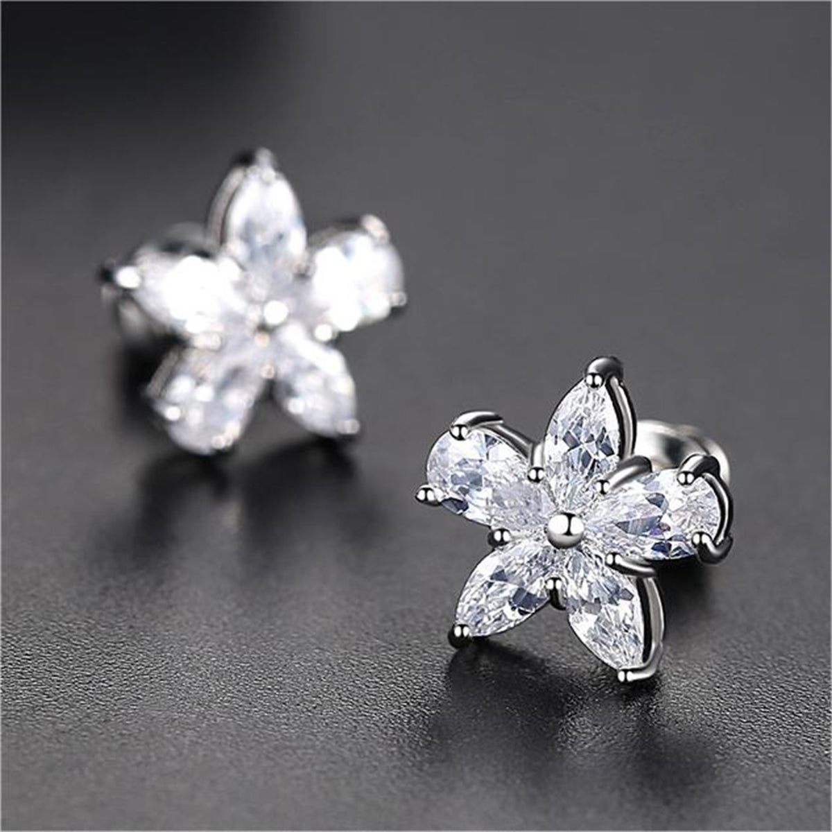 Crystal and Silver-Plated Marquise Pear-Cut Flower Stud Earrings, silver stud earrings for women, side view