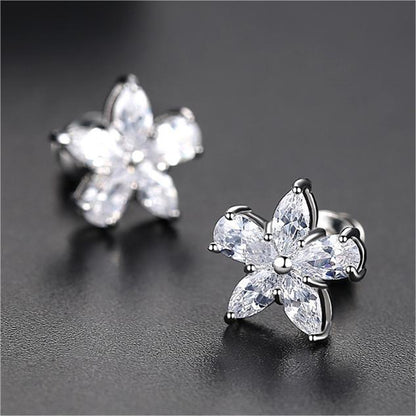 Crystal and Silver-Plated Marquise Pear-Cut Flower Stud Earrings, silver stud earrings for women, side view