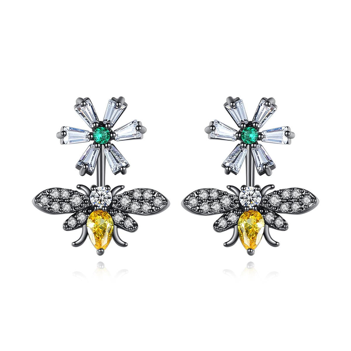 Yellow Crystal and Clear Cubic Zirconia Flower Bee Drop Earrings, drop earrings for women, front view