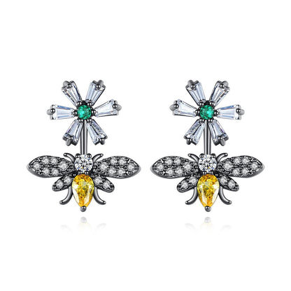 Yellow Crystal and Clear Cubic Zirconia Flower Bee Drop Earrings, drop earrings for women, front view