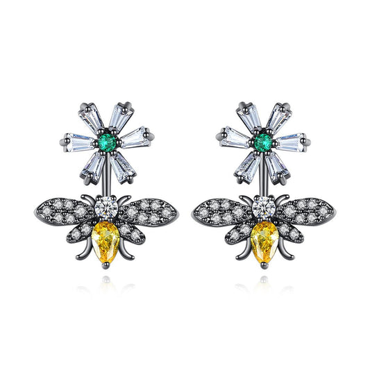 Yellow Crystal and Clear Cubic Zirconia Flower Bee Drop Earrings, drop earrings for women, front view