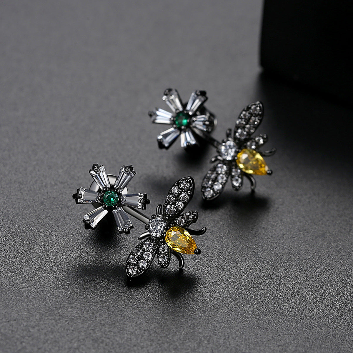 Yellow Crystal and Clear Cubic Zirconia Flower Bee Drop Earrings, drop earrings for women, vintage-inspired design, side view