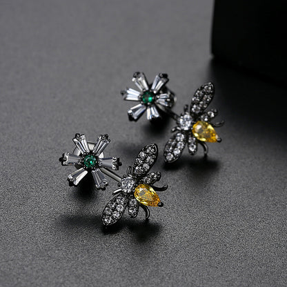 Yellow Crystal and Clear Cubic Zirconia Flower Bee Drop Earrings, drop earrings for women, vintage-inspired design, side view