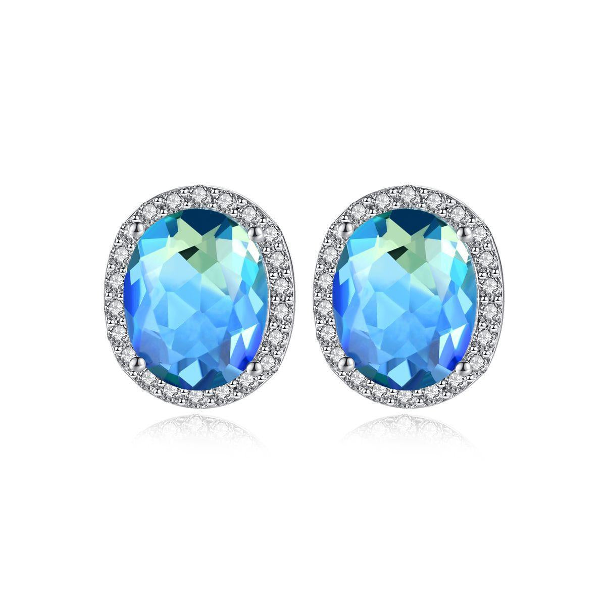 Blue Crystal and Cubic Zirconia Oval Stud Earrings, stud earrings for women, everyday style, side view