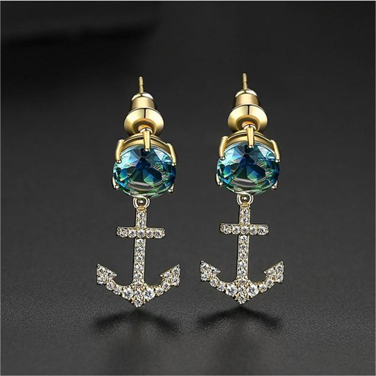 Blue Crystal & Cubic Zirconia 18K Gold-Plated Anchor Drop Earrings