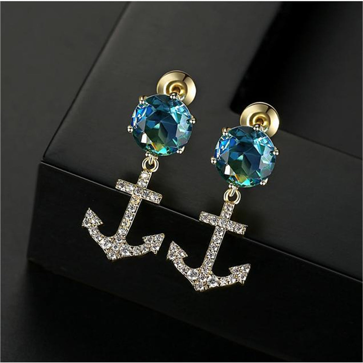 Blue Crystal & Cubic Zirconia 18K Gold-Plated Anchor Drop Earrings