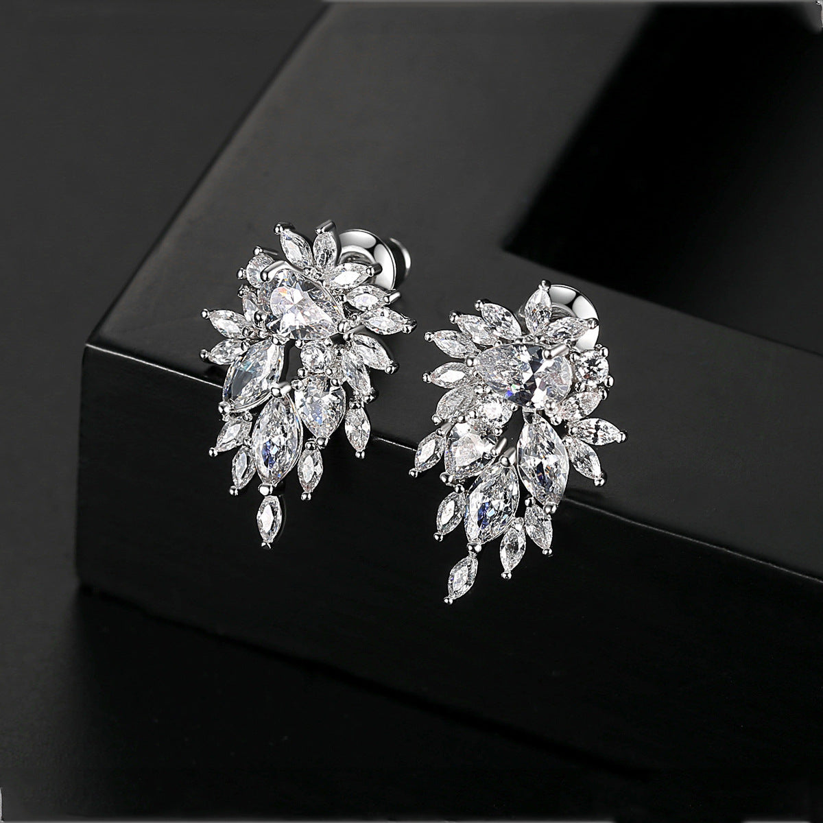 Crystal and Cubic Zirconia Silver-Plated Botanical Drop Earrings, silver stud earrings for women, side view