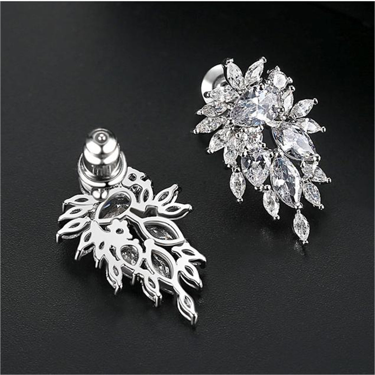 Crystal and Cubic Zirconia Silver-Plated Botanical Drop Earrings, silver stud earrings for women, detail close-up