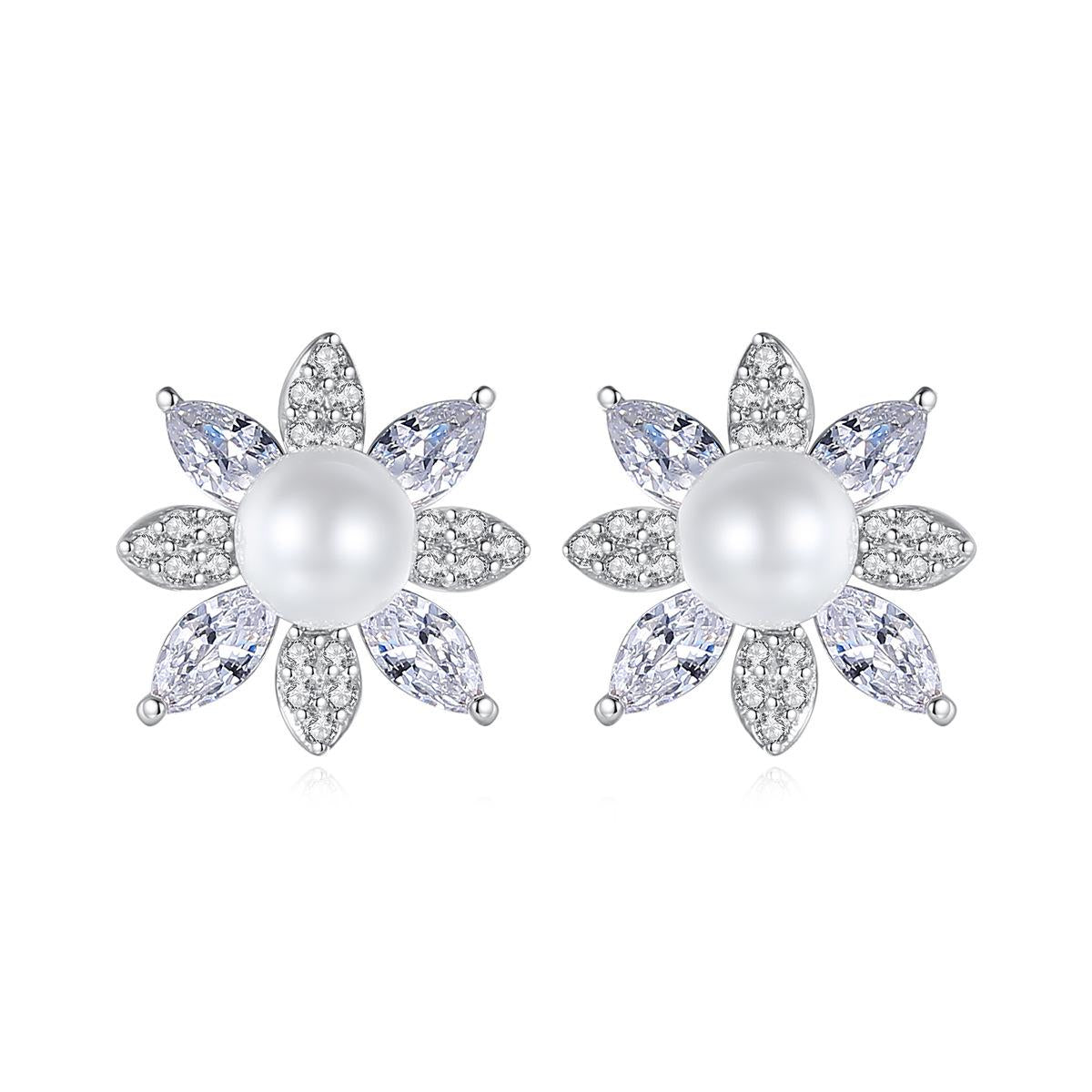 Pearl and Cubic Zirconia Crystal-Accent Flower Stud Earrings, cubic zirconia stud earrings for women, side view