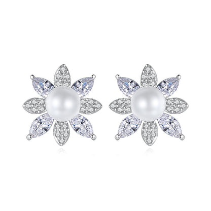 Pearl and Cubic Zirconia Crystal-Accent Flower Stud Earrings, cubic zirconia stud earrings for women, side view