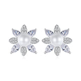 Pearl & Cubic Zirconia Crystal-Accent Flower Stud Earrings