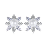 Pearl & Cubic Zirconia Crystal-Accent Flower Stud Earrings