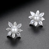 Pearl & Cubic Zirconia Crystal-Accent Flower Stud Earrings